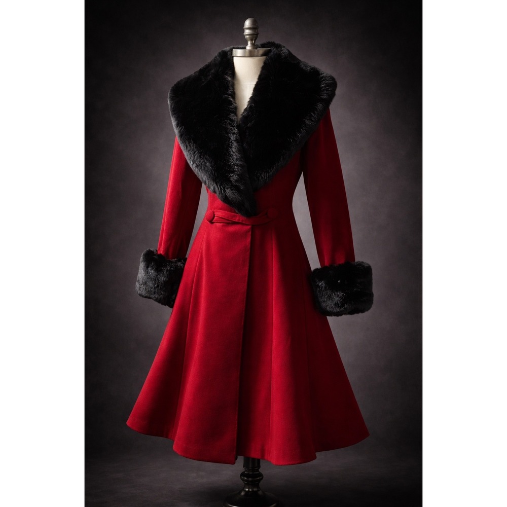 Hell Bunny Red Swing Coat Removable Faux Fur Collar Cuffs Retro Rockabilly M in